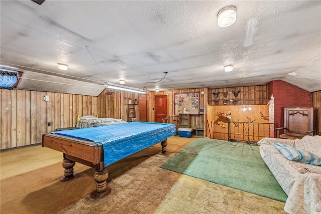 2554 Rte 259, Fairfield Twp, PA 15923 - game room featuring billiards, carpet, wooden walls, a textured ceiling, and lofted ceiling