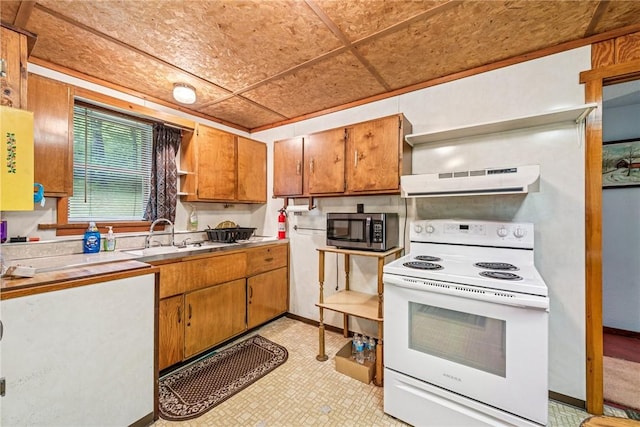 2554 Rte 259, Fairfield Twp, PA 15923 - kitchen with electric range, stainless steel microwave, open shelves, a sink, and brown cabinets