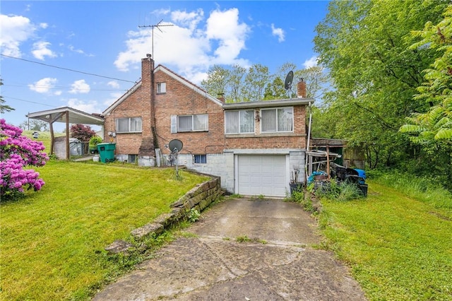 29564 Lake Creek Rd, Pa, PA 16314 - rear view of house featuring a chimney, concrete driveway, a garage, and a lawn