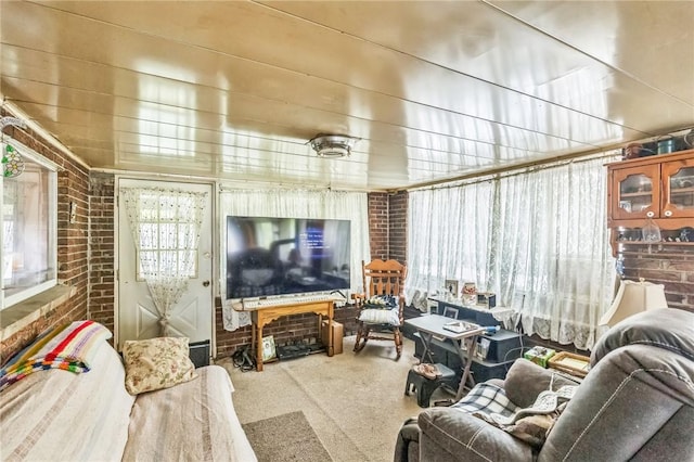 29564 Lake Creek Rd, Pa, PA 16314 - living area featuring brick wall, carpet, and plenty of natural light