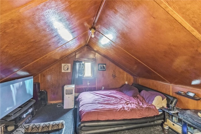 29564 Lake Creek Rd, Pa, PA 16314 - bedroom with carpet flooring, wood walls, and lofted ceiling