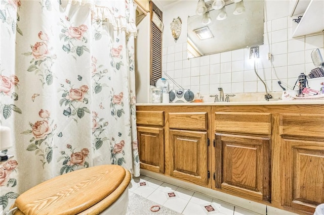 29564 Lake Creek Rd, Pa, PA 16314 - full bath featuring tile patterned flooring, vanity, decorative backsplash, toilet, and a shower with curtain