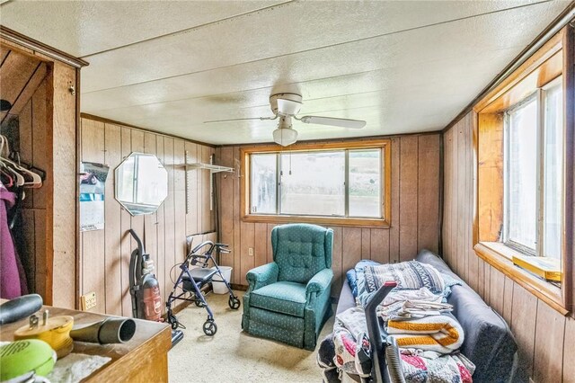 29564 Lake Creek Rd, Pa, PA 16314 - living area featuring wood walls, carpet, and ceiling fan