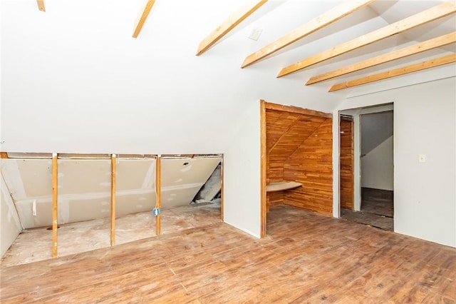 1017 Olive Ave, Natrona Hts/Harrison Twp, PA 15065 - empty room with wood finished floors, wood walls, and lofted ceiling