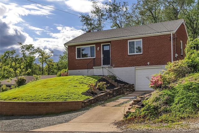 3815 Foster Rd N, Versailles, PA 15137 - ranch-style home with a garage, brick siding, a front yard, and stairway