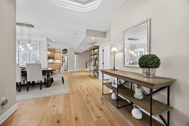 3602 Senate Ct, Adams Twp, PA 16059 - dining space with light wood-type flooring, stairs, baseboards, and a chandelier