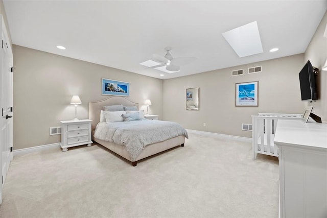 3602 Senate Ct, Adams Twp, PA 16059 - bedroom featuring a skylight, light carpet, recessed lighting, baseboards, and a ceiling fan