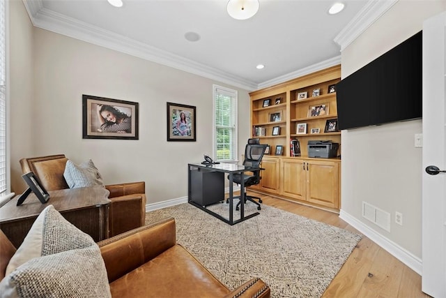 3602 Senate Ct, Adams Twp, PA 16059 - home office with crown molding, baseboards, light wood-type flooring, and recessed lighting