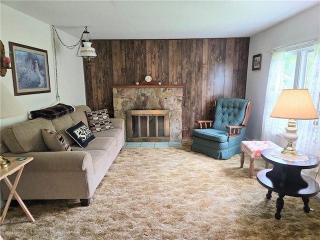 1126 Slate Point Rd, Parks Twp, PA 15690 - carpeted living area featuring wood walls and a stone fireplace