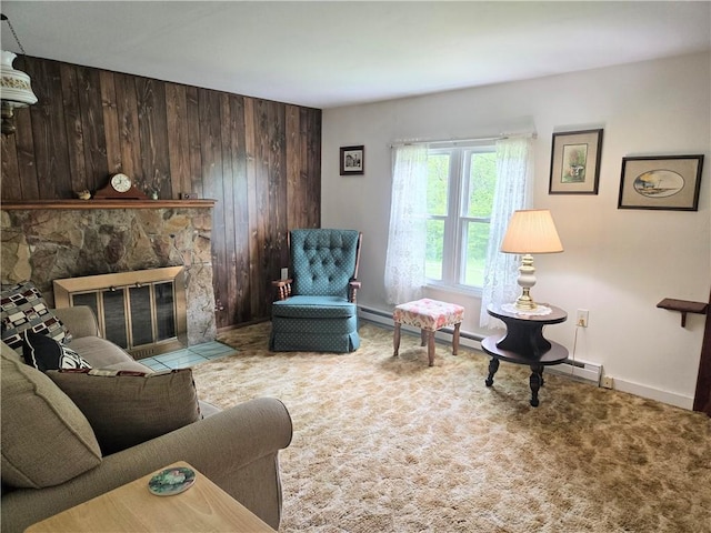 1126 Slate Point Rd, Parks Twp, PA 15690 - living area featuring wooden walls, baseboards, carpet flooring, and a fireplace