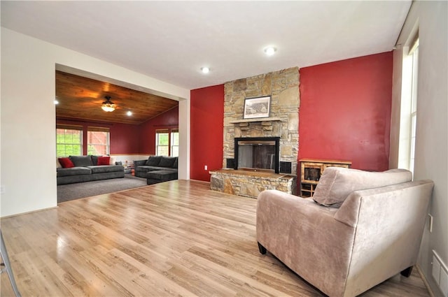 1726 Kennedy, Elizabeth Twp/Boro, PA 15018 - living area featuring a fireplace, wood finished floors, a ceiling fan, and vaulted ceiling