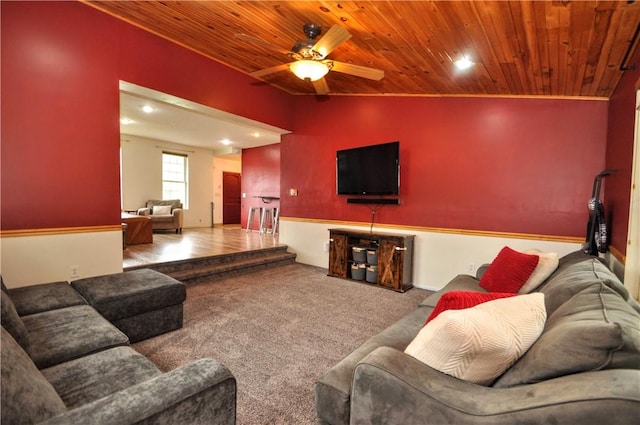 1726 Kennedy, Elizabeth Twp/Boro, PA 15018 - carpeted living area featuring wooden ceiling, lofted ceiling, ceiling fan, and recessed lighting