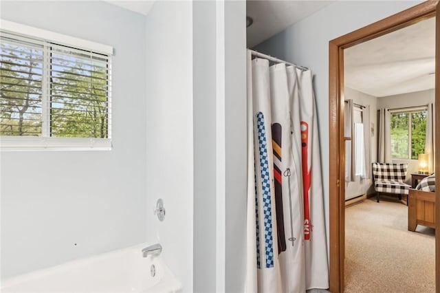 1630 Snowfield Way, Hidden Valley, PA 15502 - full bath with a shower with curtain, a bathtub, and a baseboard radiator