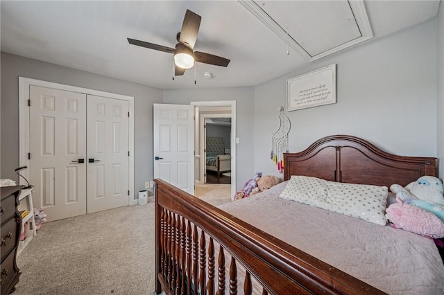 8426 David Dr, South Fayette, PA 15017 - bedroom featuring attic access, carpet floors, a closet, and a ceiling fan