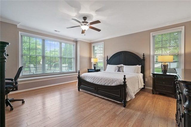 230 Patriot Ln, Economy, PA 15042 - bedroom with baseboards, light wood-style floors, crown molding, ceiling fan, and a desk