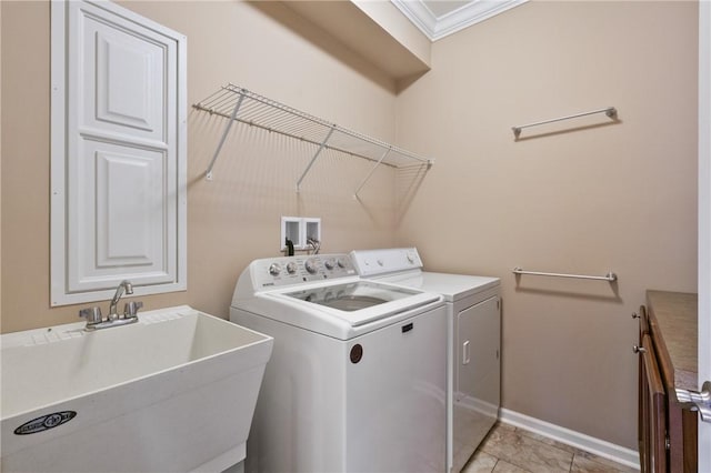230 Patriot Ln, Economy, PA 15042 - laundry area featuring washer and clothes dryer, cabinet space, crown molding, baseboards, and light tile patterned flooring