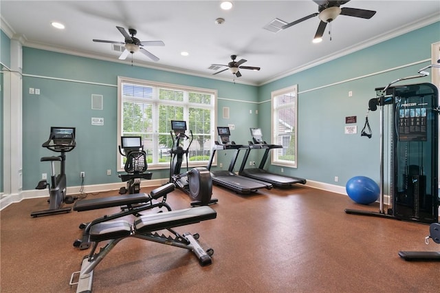 230 Patriot Ln, Economy, PA 15042 - workout area with a ceiling fan, ornamental molding, baseboards, and recessed lighting
