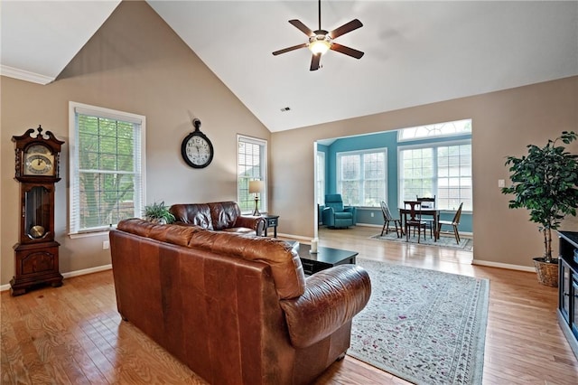 230 Patriot Ln, Economy, PA 15042 - living room with ceiling fan, light wood-type flooring, high vaulted ceiling, and baseboards