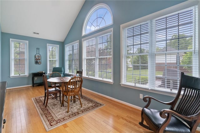 230 Patriot Ln, Economy, PA 15042 - dining area with healthy amount of natural light, hardwood / wood-style flooring, baseboards, and high vaulted ceiling