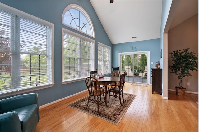 230 Patriot Ln, Economy, PA 15042 - dining area featuring wood-type flooring, high vaulted ceiling, and baseboards