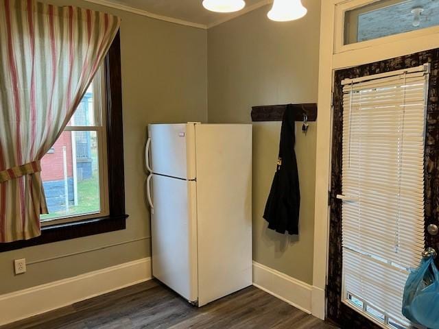 201 Thompson St, Latrobe, PA 15650 - kitchen featuring freestanding refrigerator, baseboards, dark wood-style flooring, and ornamental molding