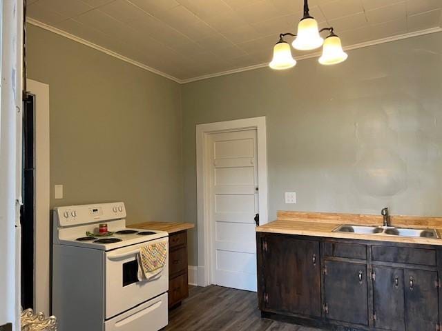 201 Thompson St, Latrobe, PA 15650 - kitchen with electric stove, a sink, ornamental molding, dark wood-style floors, and light countertops