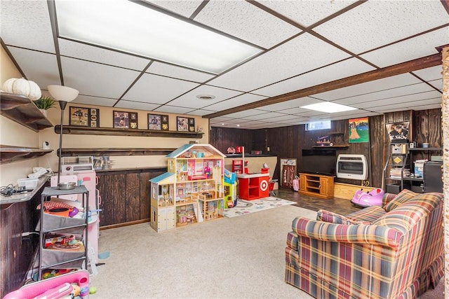 2400 James St, Hopewell Twp Bea, PA 15001 - game room with a paneled ceiling, heating unit, wooden walls, and carpet