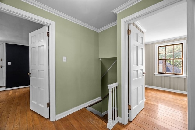 1509 Walnut St, Edgewood, PA 15218 - hall with baseboards, an upstairs landing, hardwood / wood-style floors, and crown molding
