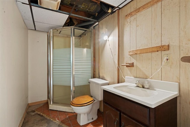 724 Camp Meeting Rd, Bell Acres, PA 15143 - bathroom featuring a stall shower, toilet, vanity, baseboards, and wooden walls