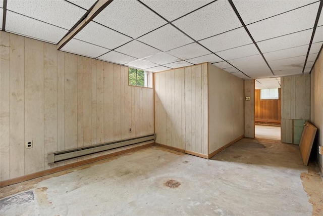 724 Camp Meeting Rd, Bell Acres, PA 15143 - basement featuring a baseboard radiator, wood walls, and a paneled ceiling