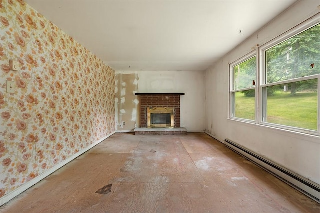 724 Camp Meeting Rd, Bell Acres, PA 15143 - unfurnished living room with baseboard heating, wallpapered walls, and a brick fireplace