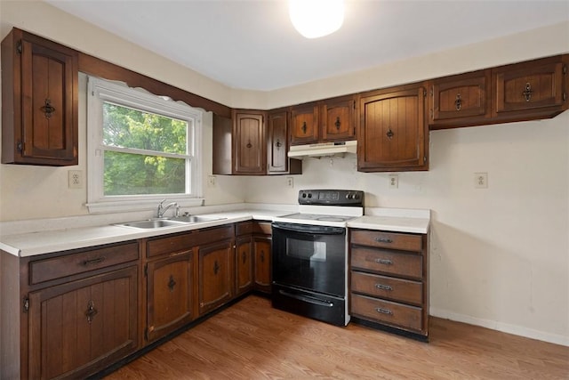 724 Camp Meeting Rd, Bell Acres, PA 15143 - kitchen with electric stove, a sink, under cabinet range hood, light countertops, and light wood-style flooring