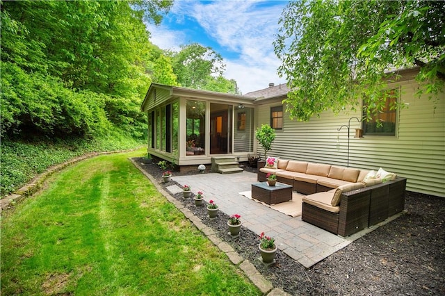 240 Lindsay Rd, Jackson Twp But, PA 16063 - rear view of house featuring outdoor lounge area, a sunroom, a patio area, and a yard