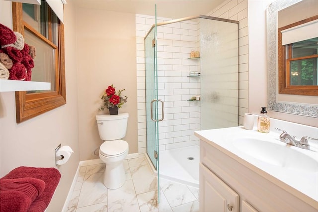 240 Lindsay Rd, Jackson Twp But, PA 16063 - full bath featuring toilet, marble look tile flooring, vanity, a stall shower, and baseboards
