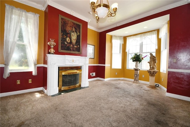 108 Locust St, Mount Oliver, PA 15210 - unfurnished living room with a chandelier, carpet flooring, a fireplace with flush hearth, plenty of natural light, and ornamental molding