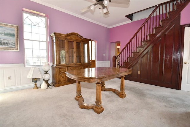 108 Locust St, Mount Oliver, PA 15210 - entrance foyer with stairs, carpet floors, crown molding, ceiling fan, and a wainscoted wall