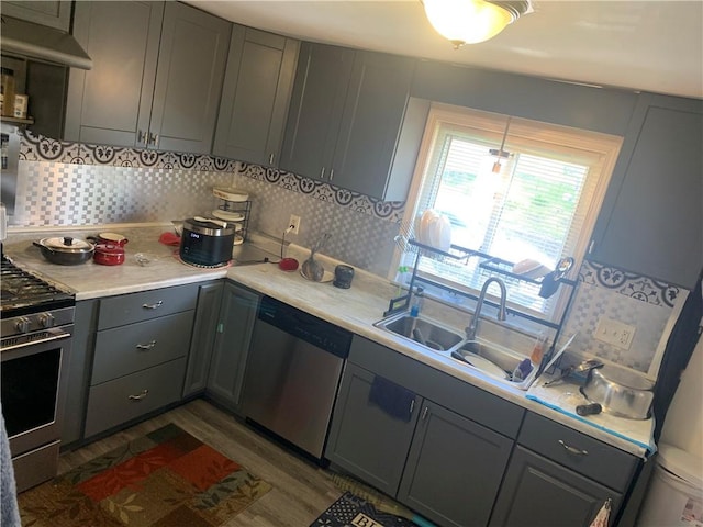 3003 Jersey St, Mckeesport, PA 15132 - kitchen with stainless steel appliances, gray cabinets, a sink, backsplash, and light countertops