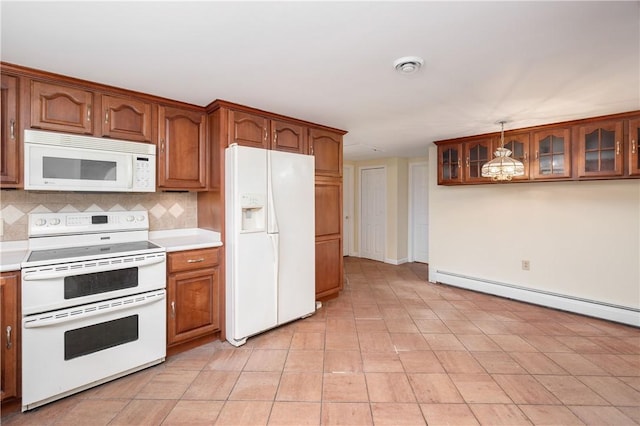 306 N Rd, Franklin Twp But, PA 16001 - kitchen with white appliances, a baseboard radiator, brown cabinetry, light countertops, and glass insert cabinets