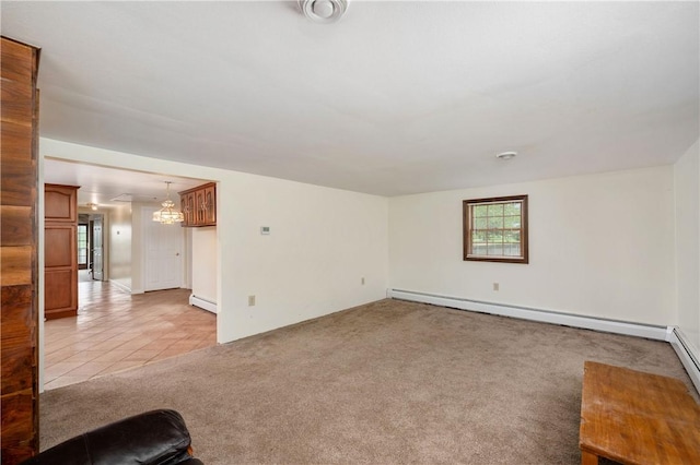 306 N Rd, Franklin Twp But, PA 16001 - unfurnished living room featuring a chandelier, light colored carpet, and baseboard heating