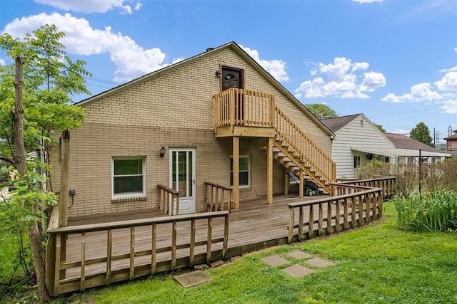 4072 Jordan St, South Heights, PA 15081 - back of house with a lawn, brick siding, a wooden deck, and stairs