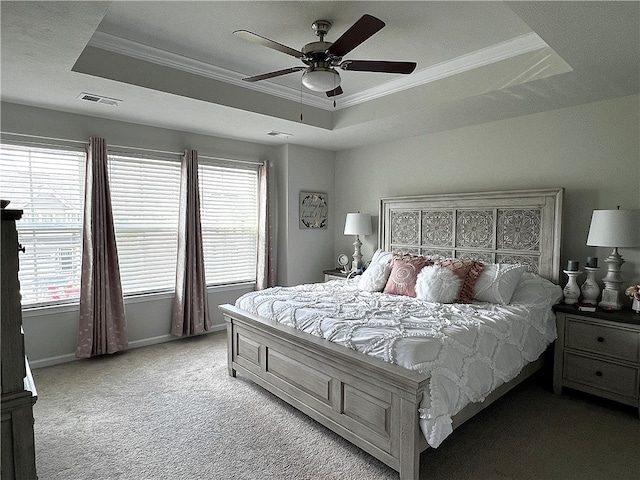 2054 Cade Dr, Potter Twp, PA 15061 - bedroom with a tray ceiling, crown molding, light carpet, a ceiling fan, and baseboards