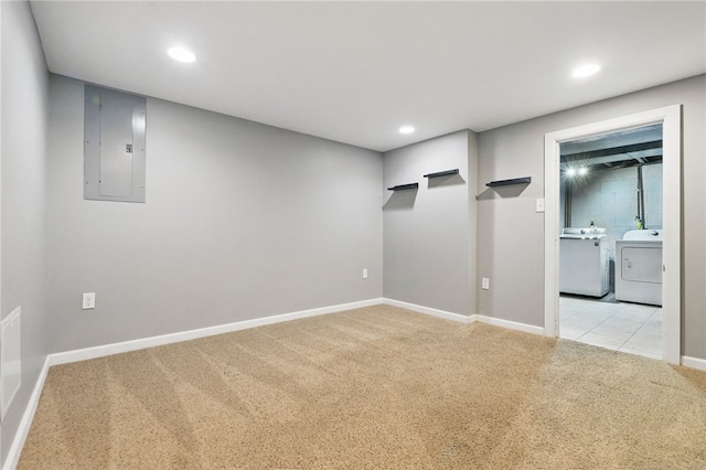 7965 Remington Dr, Mccandless, PA 15237 - finished below grade area with electric panel, separate washer and dryer, light colored carpet, recessed lighting, and baseboards