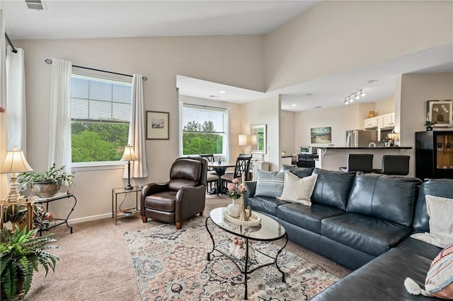 832 Eagle Pointe Dr, Cecil, PA 15317 - living room with vaulted ceiling, light colored carpet, and baseboards