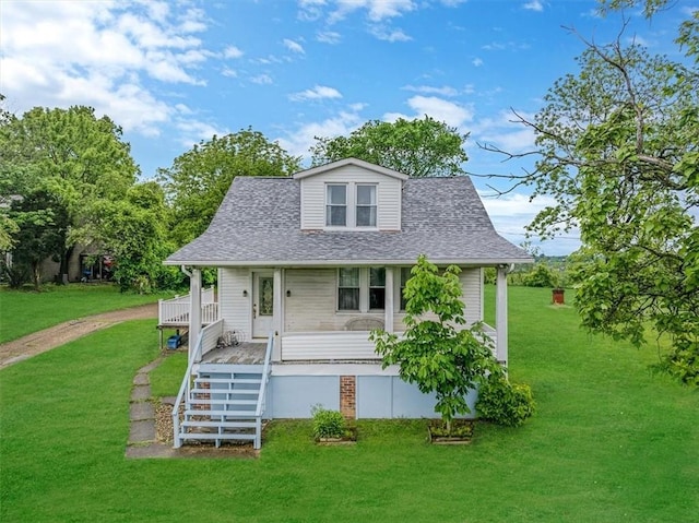 1675 Clairton Rd, West Mifflin, PA 15122 - bungalow-style house featuring covered porch, a front lawn, roof with shingles, and stairway