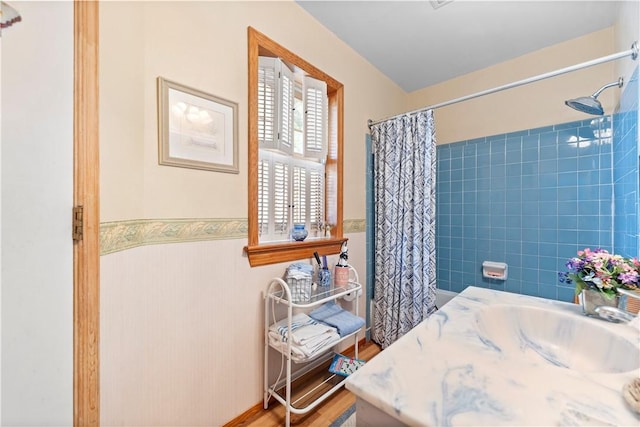 126 Jamestown Ct Unit C, Scott Twp Sal, PA 15216 - full bath with a shower with shower curtain, a wainscoted wall, vanity, and wood finished floors