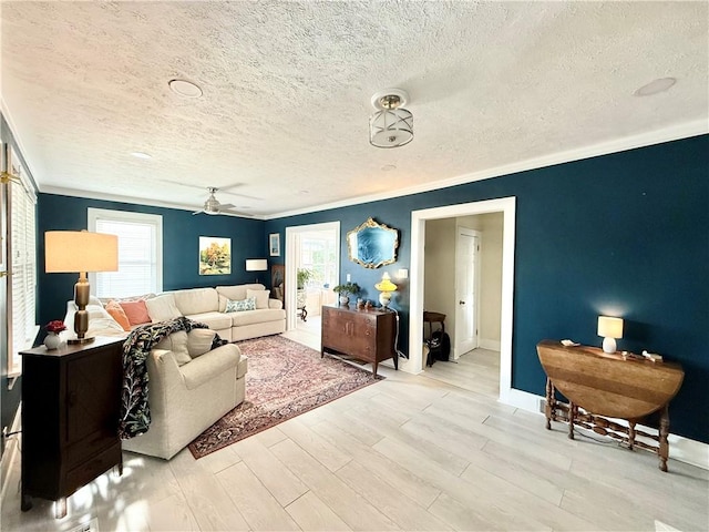 410 E Meyer Ave, New Castle/2Nd, PA 16105 - living room with a textured ceiling, healthy amount of natural light, a ceiling fan, crown molding, and wood finished floors