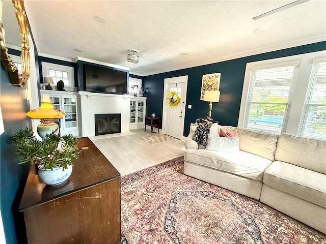 410 E Meyer Ave, New Castle/2Nd, PA 16105 - living area featuring crown molding, wood finished floors, a fireplace with flush hearth, healthy amount of natural light, and a textured ceiling