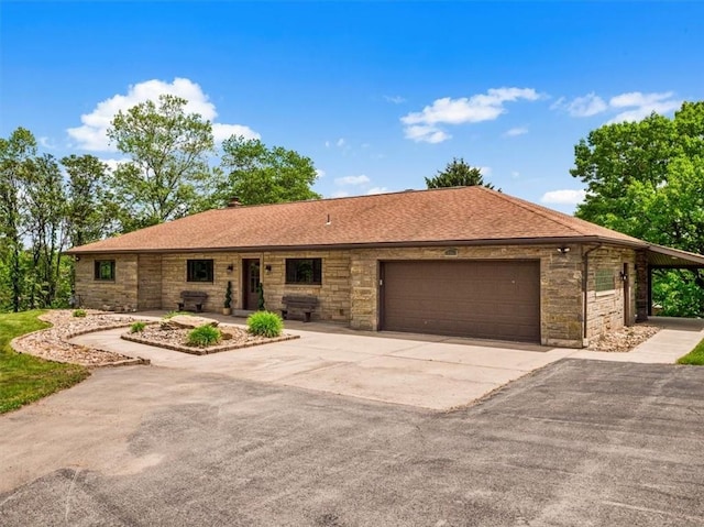 330 Center Grange Rd, Center Twp Bea, PA 15061 - ranch-style house featuring an attached garage, stone siding, concrete driveway, and a shingled roof