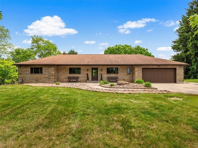 330 Center Grange Rd, Center Twp Bea, PA 15061 - ranch-style home with a garage, driveway, a front lawn, and stone siding