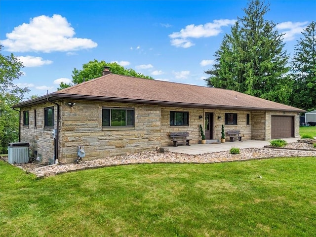 330 Center Grange Rd, Center Twp Bea, PA 15061 - back of property featuring stone siding, an attached garage, a chimney, and central air condition unit